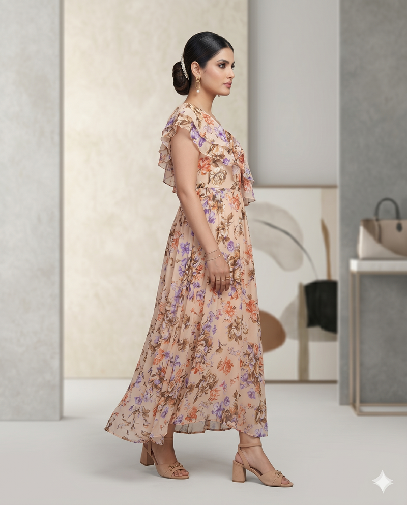 Peach Floral One-Shoulder Maxi Dress