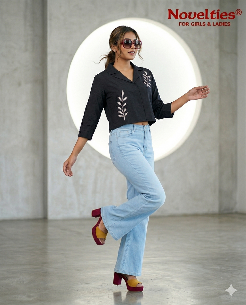Black Embroidered Botanical Crop Shirt