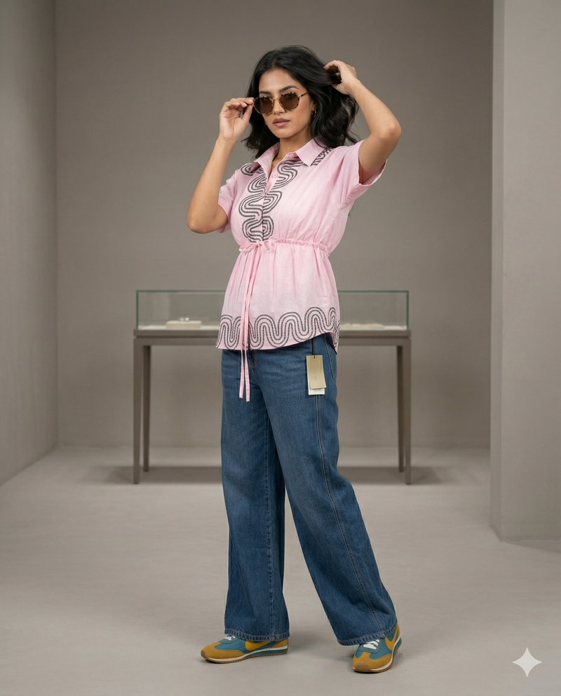 Pink Embroidered Tie-Waist Top