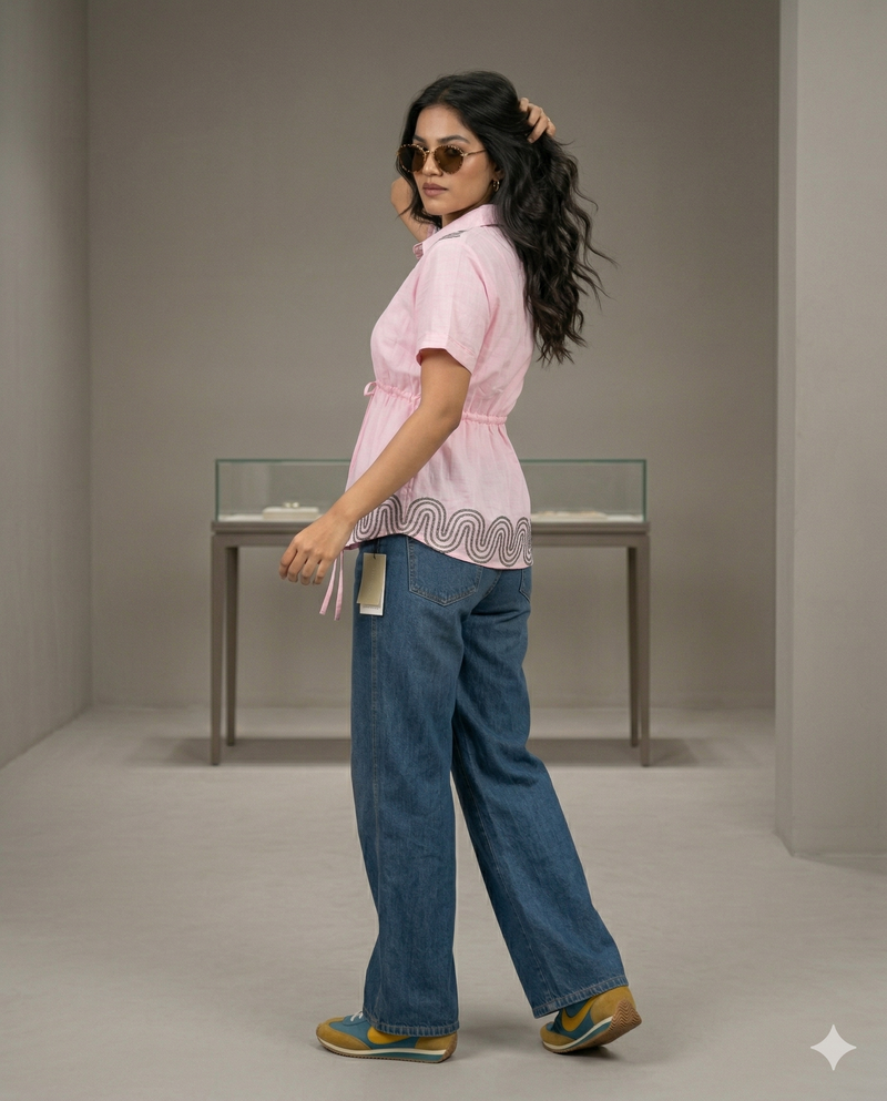 Pink Embroidered Tie-Waist Top
