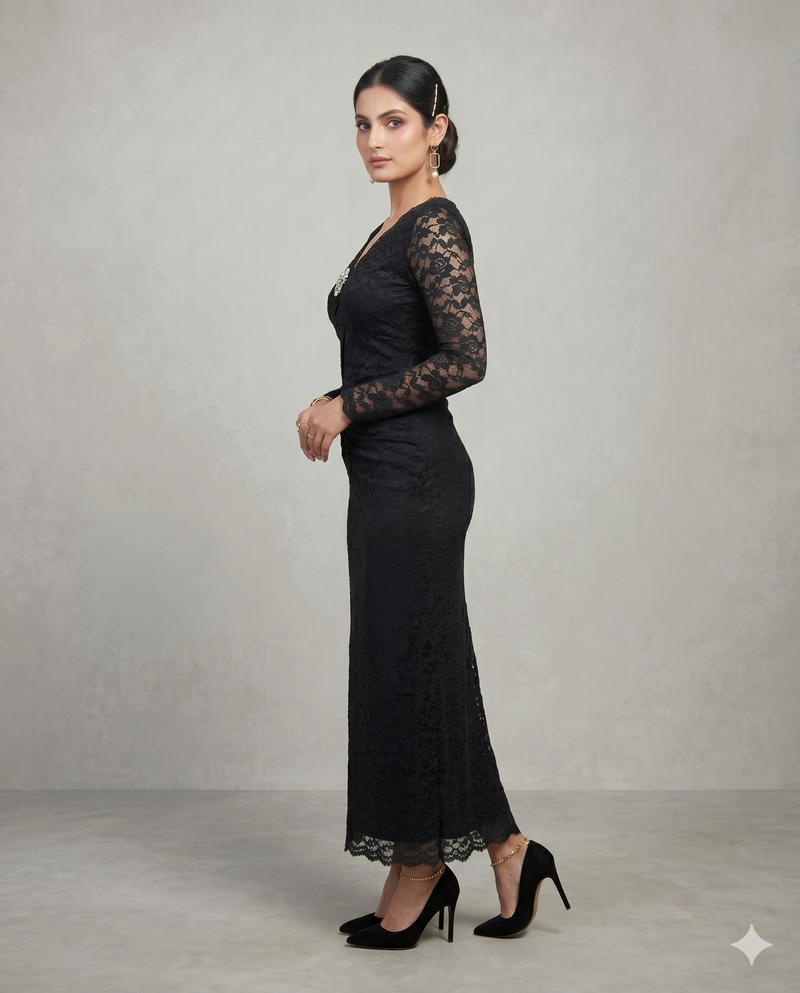 Black Floral Lace Bodycon Midi Dress with Brooch Detail