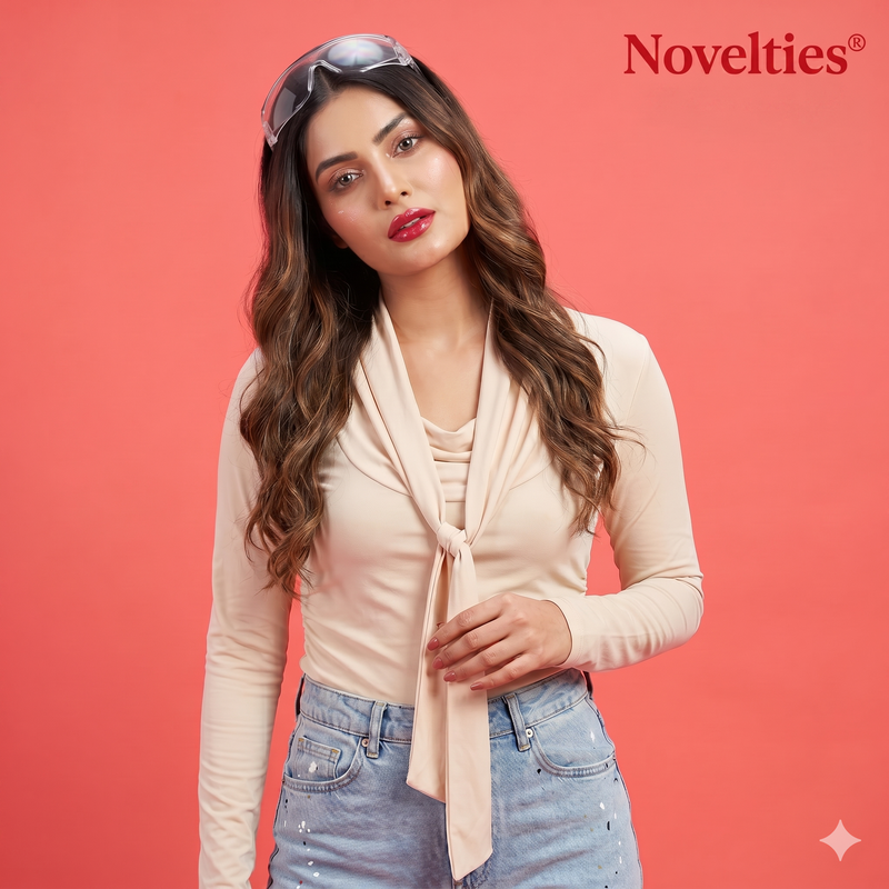 Cream Tie-Front Full Sleeve Crop Top