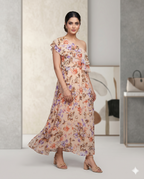 Peach Floral One-Shoulder Maxi Dress