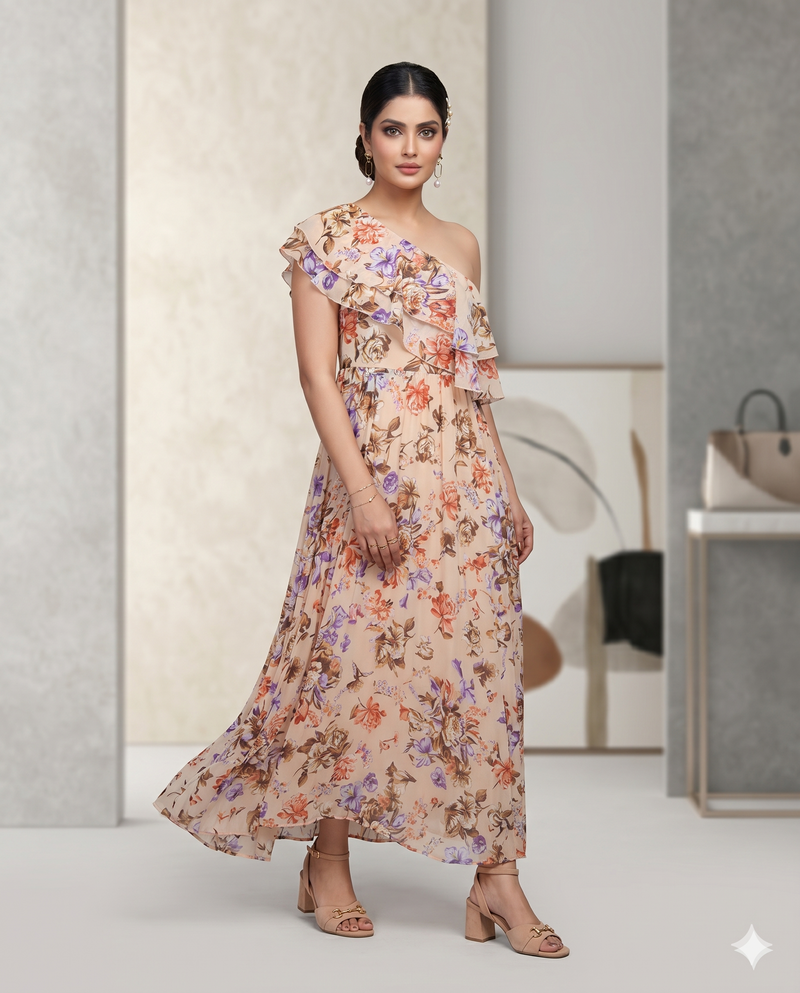 Peach Floral One-Shoulder Maxi Dress