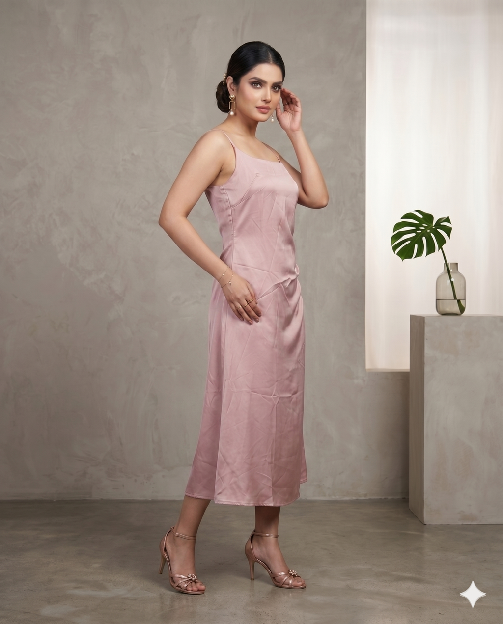 Midi-Kleid aus Satin in Blassrosa