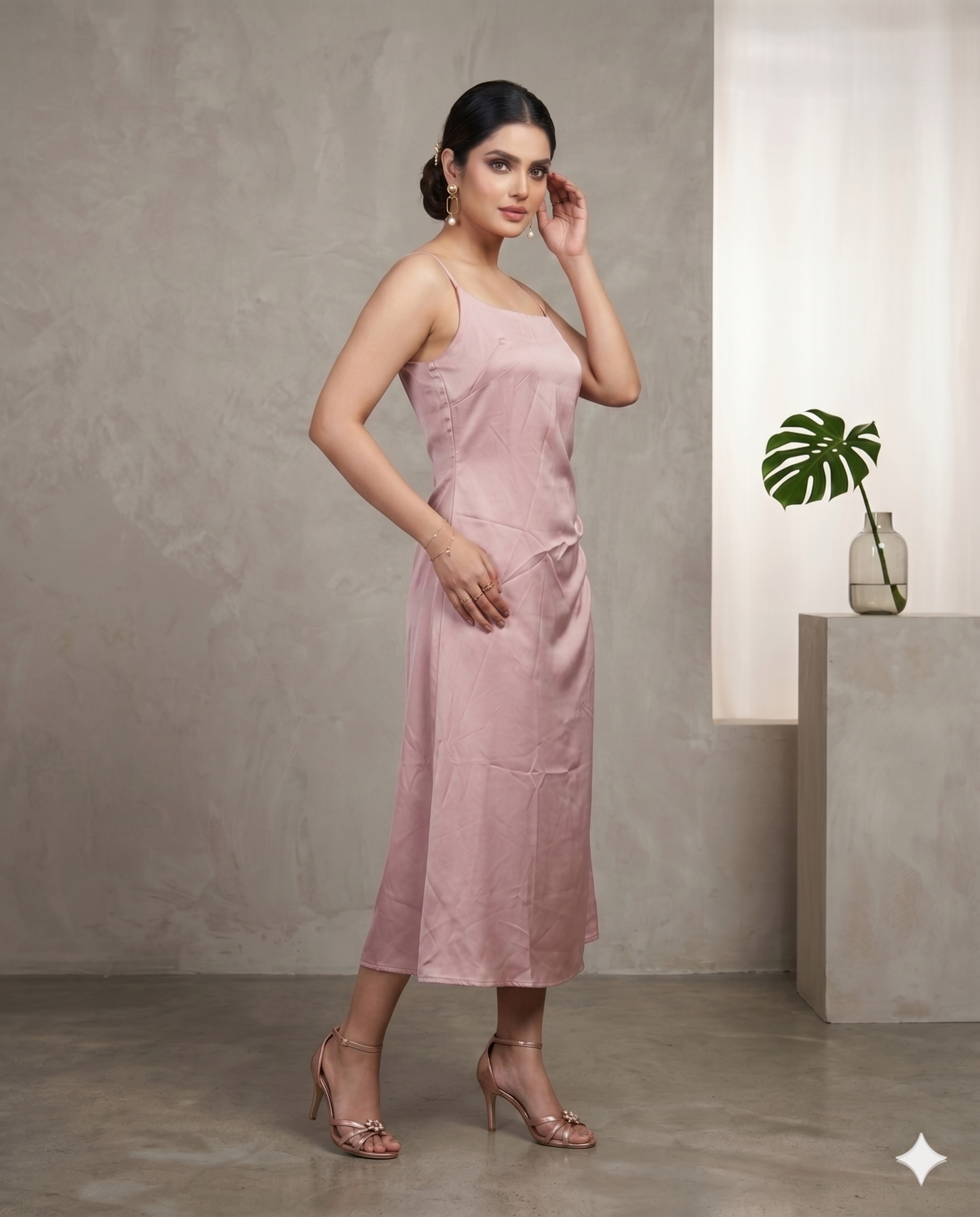 Midi-Kleid aus Satin in Blassrosa
