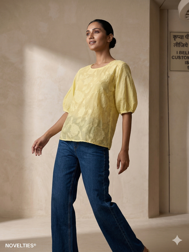 Butter Yellow Braso Floral Puff Sleeve Top