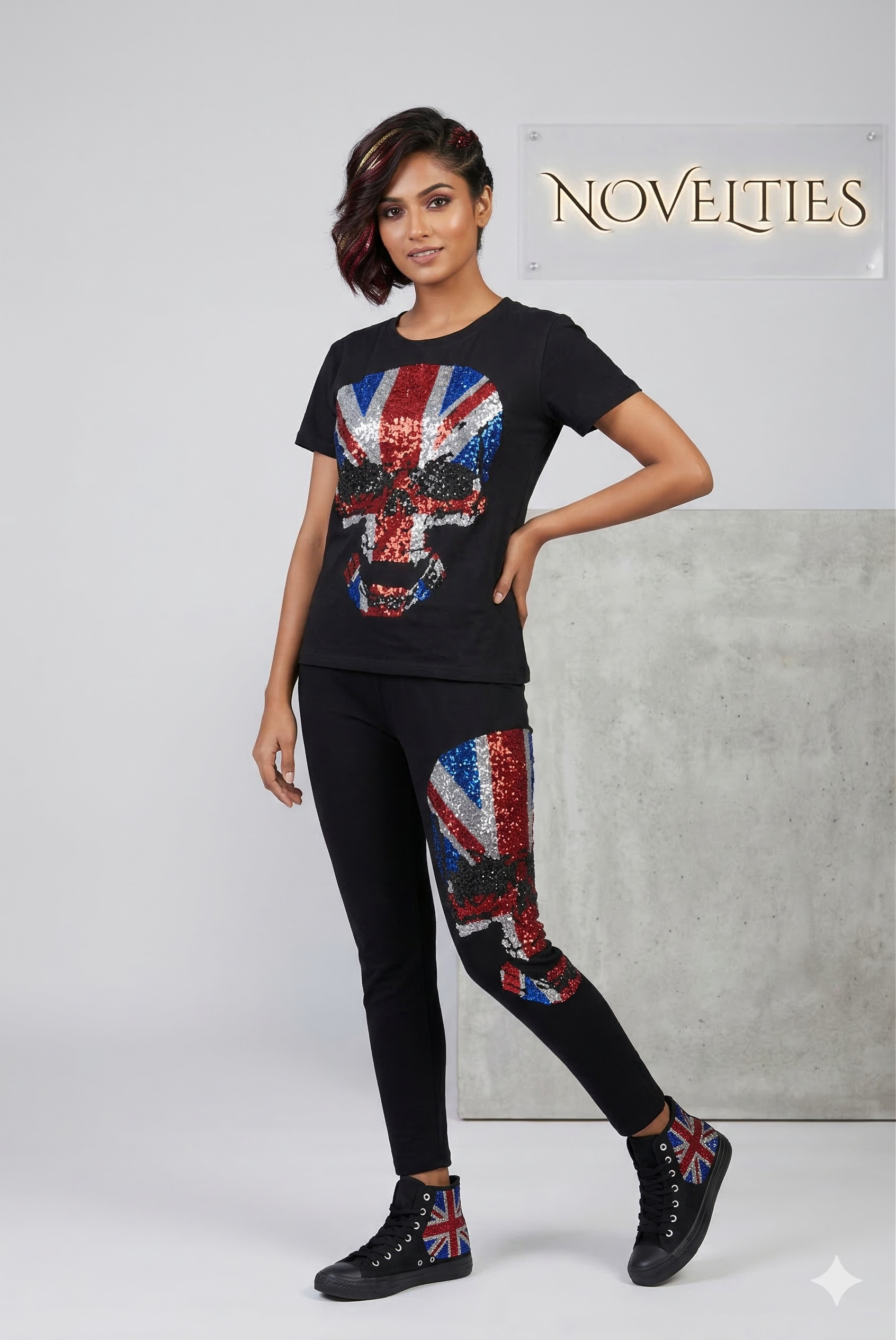 Black Sequin Skull Union Jack Co-ord Set