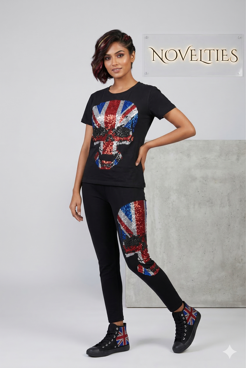 Black Sequin Skull Union Jack Co-ord Set