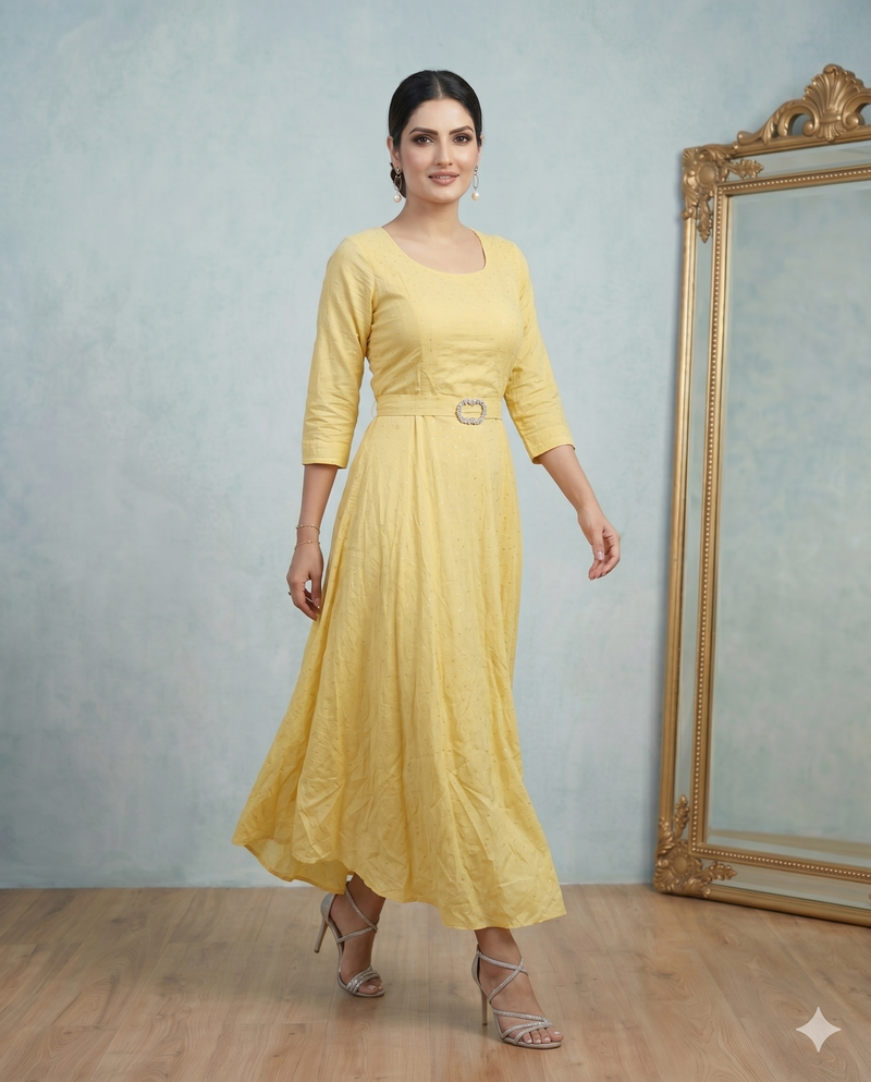 Butter Yellow Sequin Flared Midi Dress with Belt