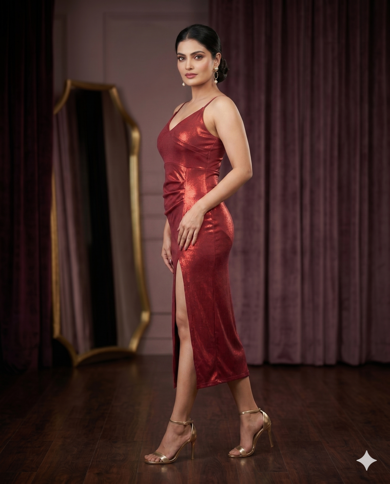 Red Metallic Slit Midi Dress