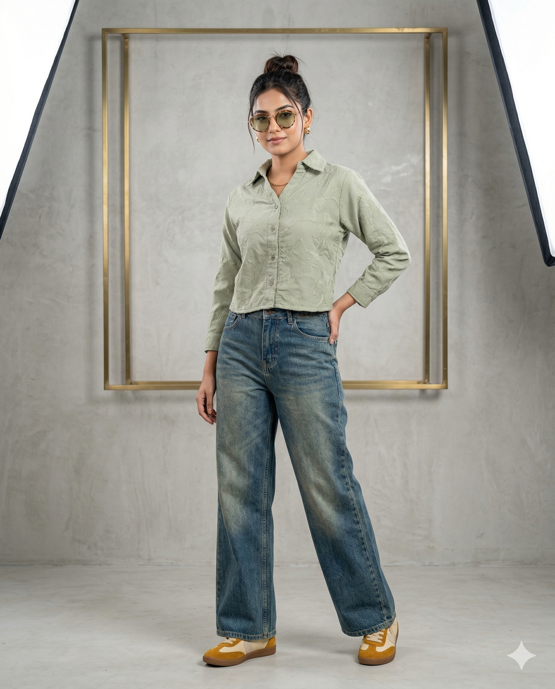 Sage Green Self-Textured Crop Shirt