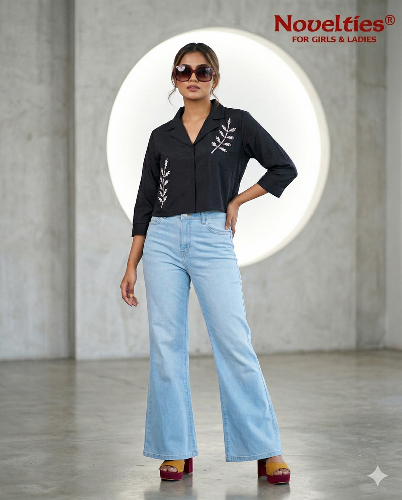Black Embroidered Botanical Crop Shirt