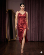 Red Metallic Slit Midi Dress