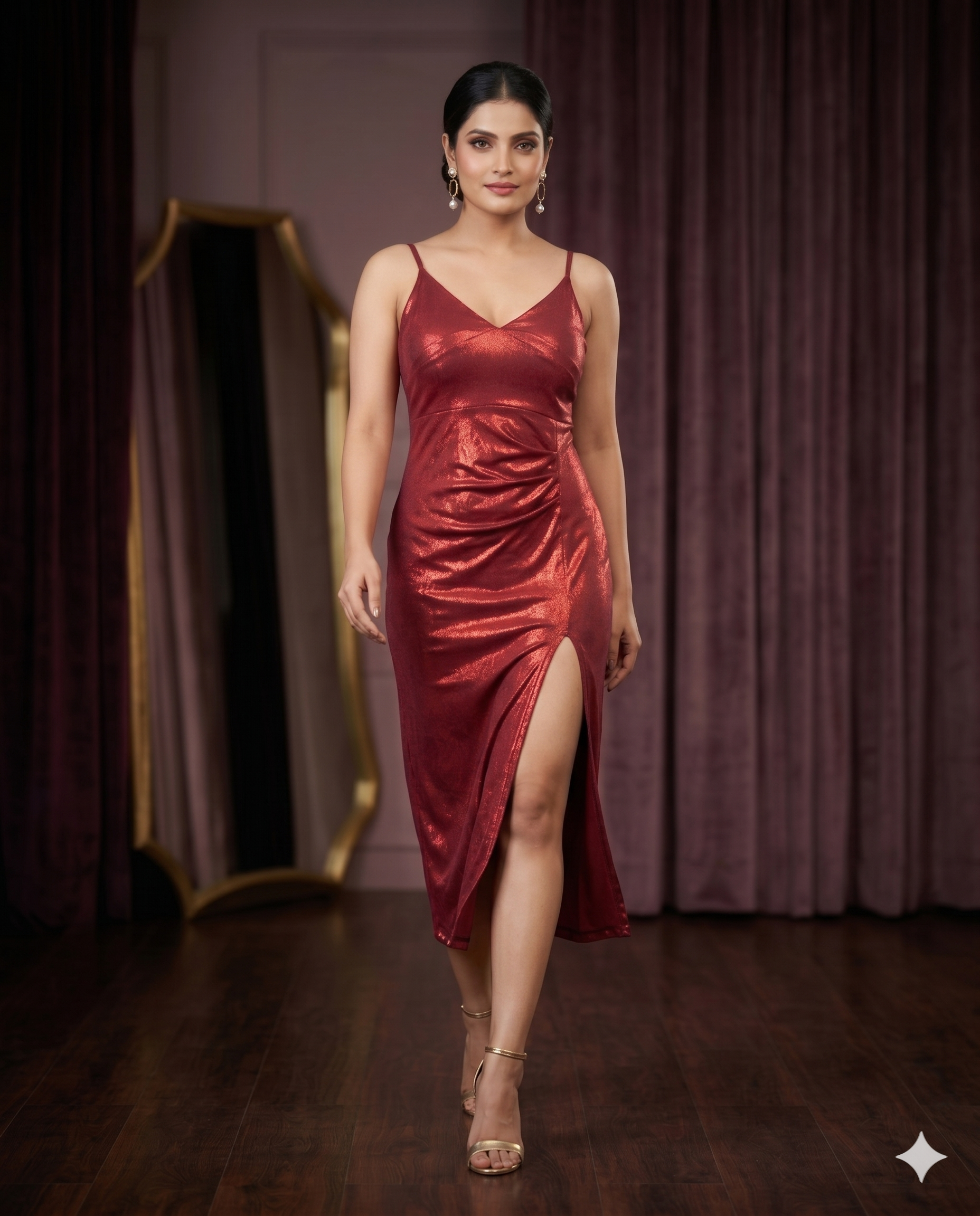 Red Metallic Slit Midi Dress