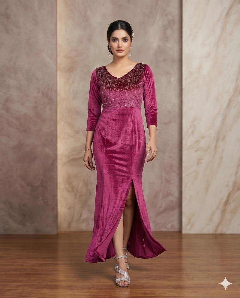Berry Pink Velvet Embellished Bodycon Gown with Front Slit