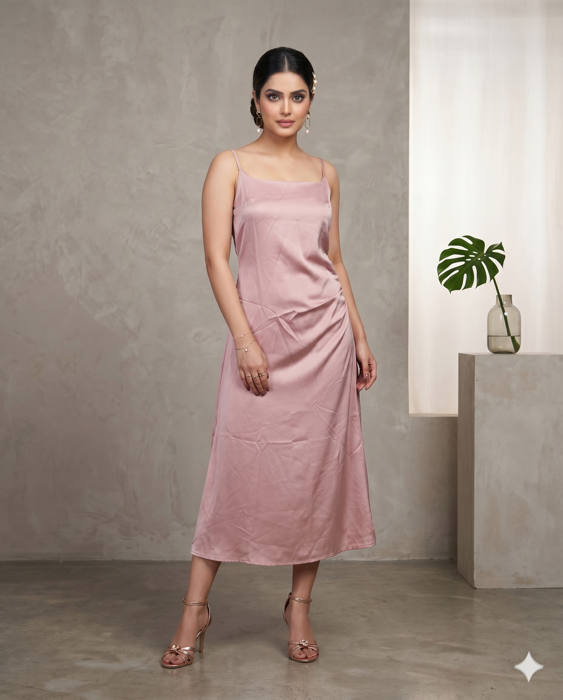 Midi-Kleid aus Satin in Blassrosa