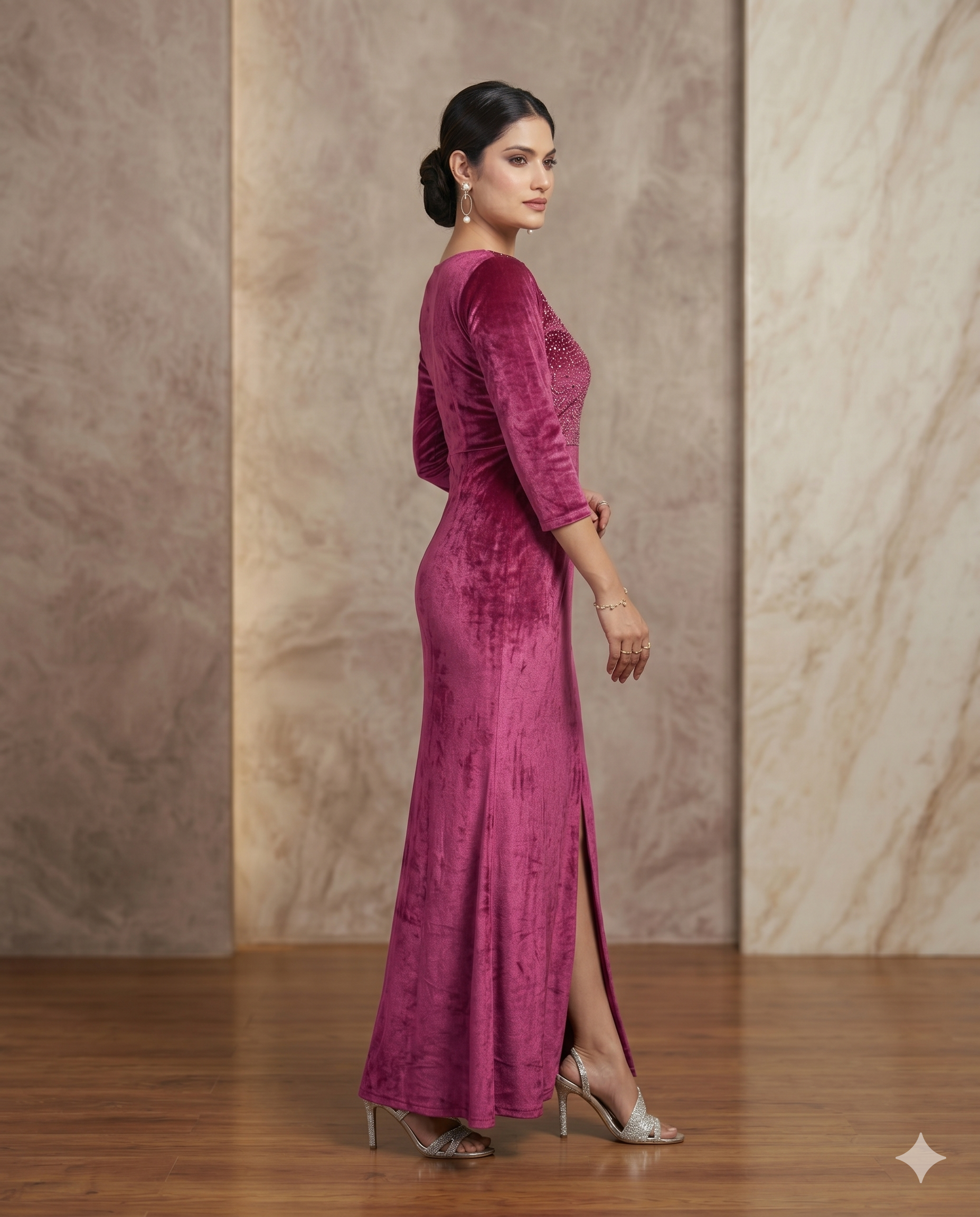 Beerenrosa Samt Bodycon-Abendkleid mit Zierperlen und Beinschlitz