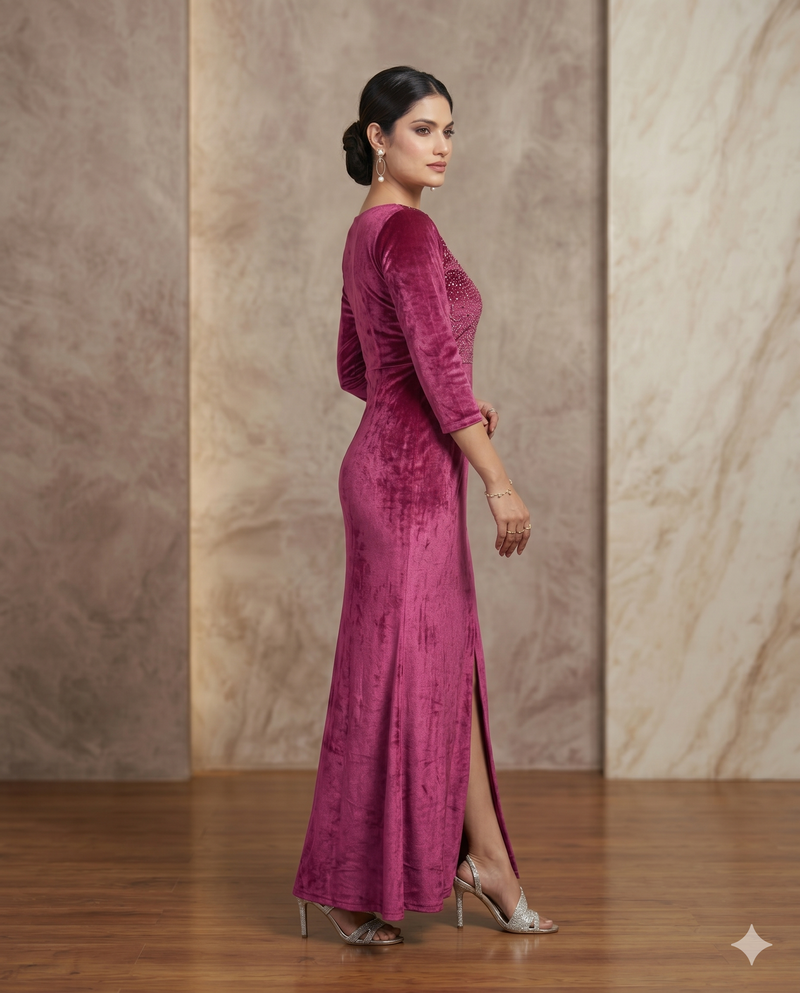 Berry Pink Velvet Embellished Bodycon Gown with Front Slit