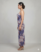 Purple Abstract Print Ruched Mesh Bodycon Midi Dress