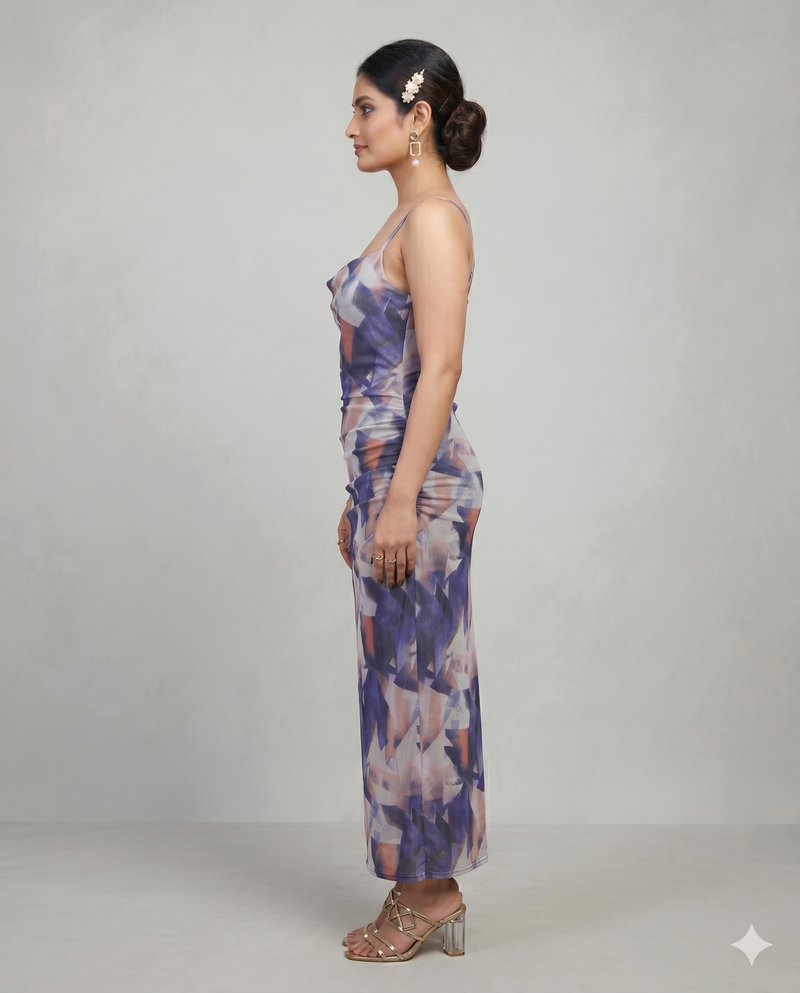 Purple Abstract Print Ruched Mesh Bodycon Midi Dress