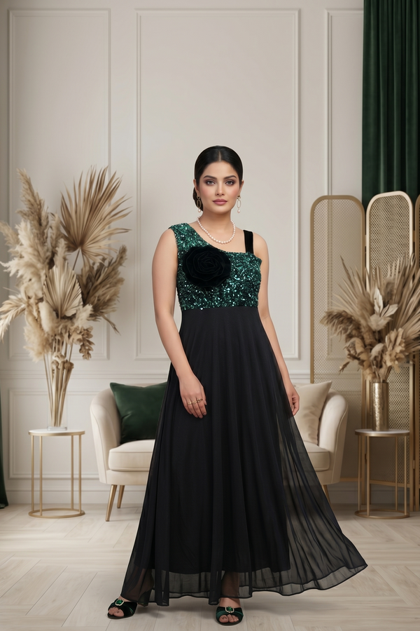 Emerald Sequin & Black Chiffon Flared Maxi Gown with Velvet Rosette