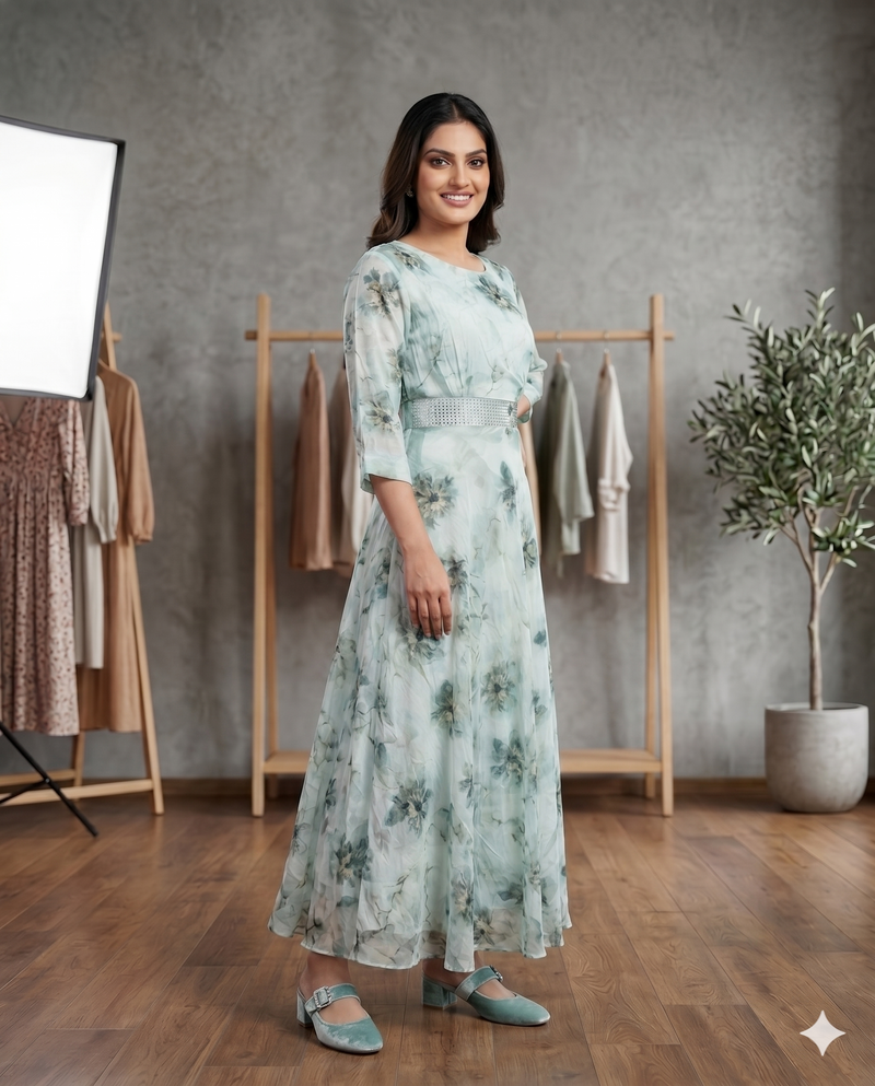 Sage Green Floral Chiffon Flared Maxi Dress with Embellished Belt
