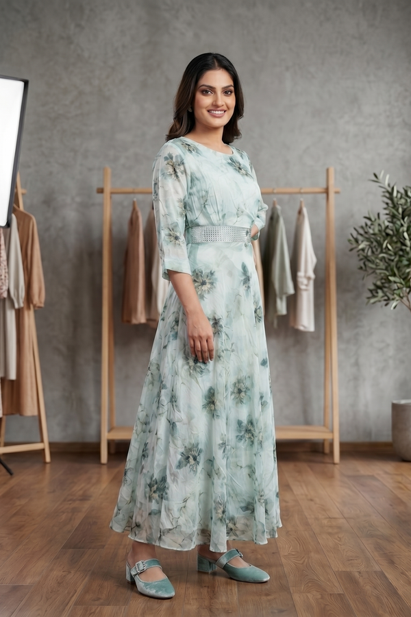 Sage Green Floral Chiffon Flared Maxi Dress with Embellished Belt