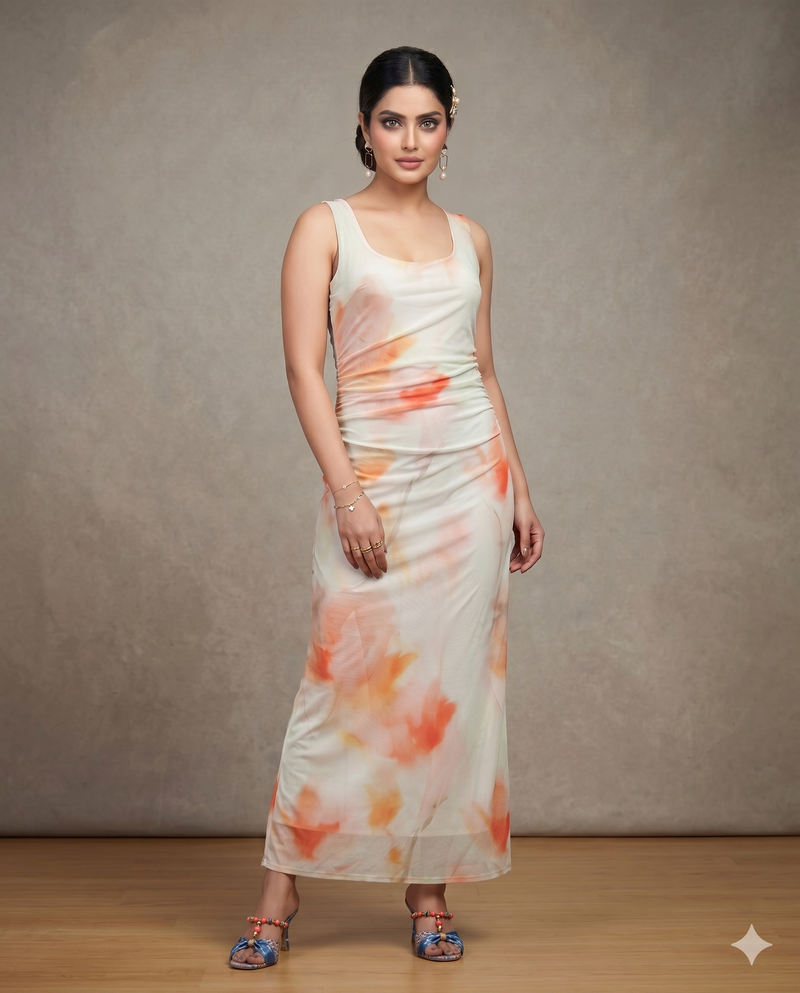 Ivory Floral Watercolour Ruched Midi Dress