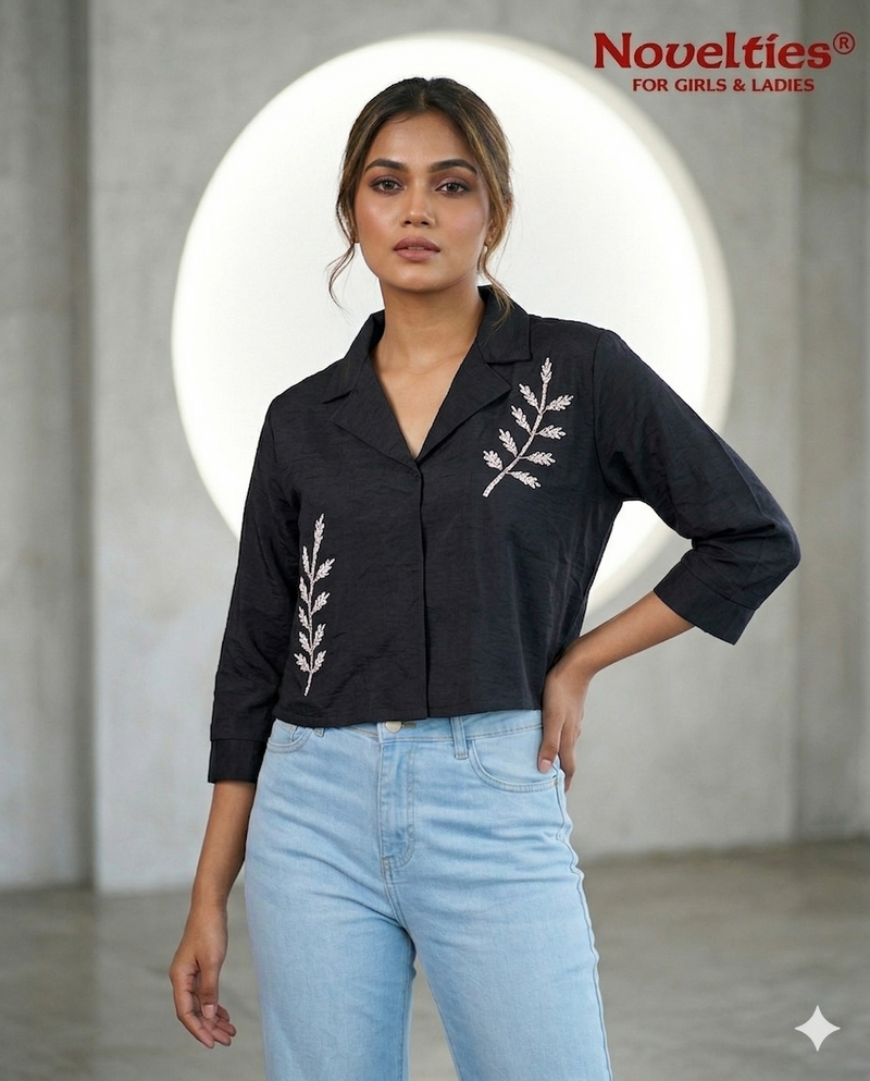 Black Embroidered Botanical Crop Shirt