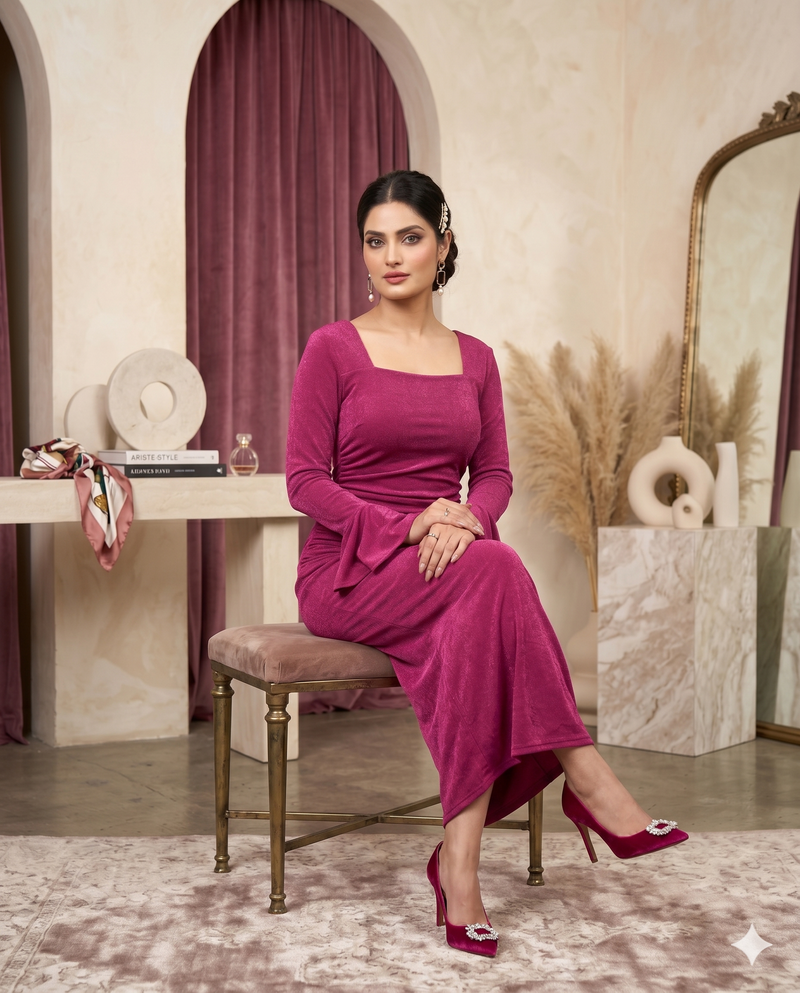 Magenta Bell-Sleeve Bodycon Midi Dress