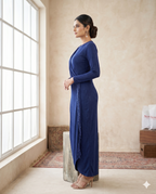 Navy Blue Draped Saree-Style Gown with Crystal Fringe