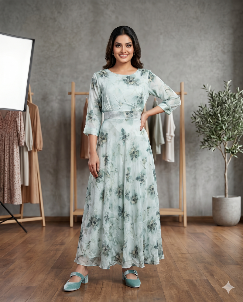 Sage Green Floral Chiffon Flared Maxi Dress with Embellished Belt