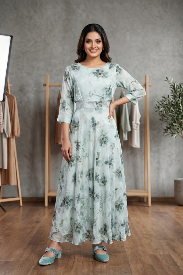 Sage Green Floral Chiffon Flared Maxi Dress with Embellished Belt