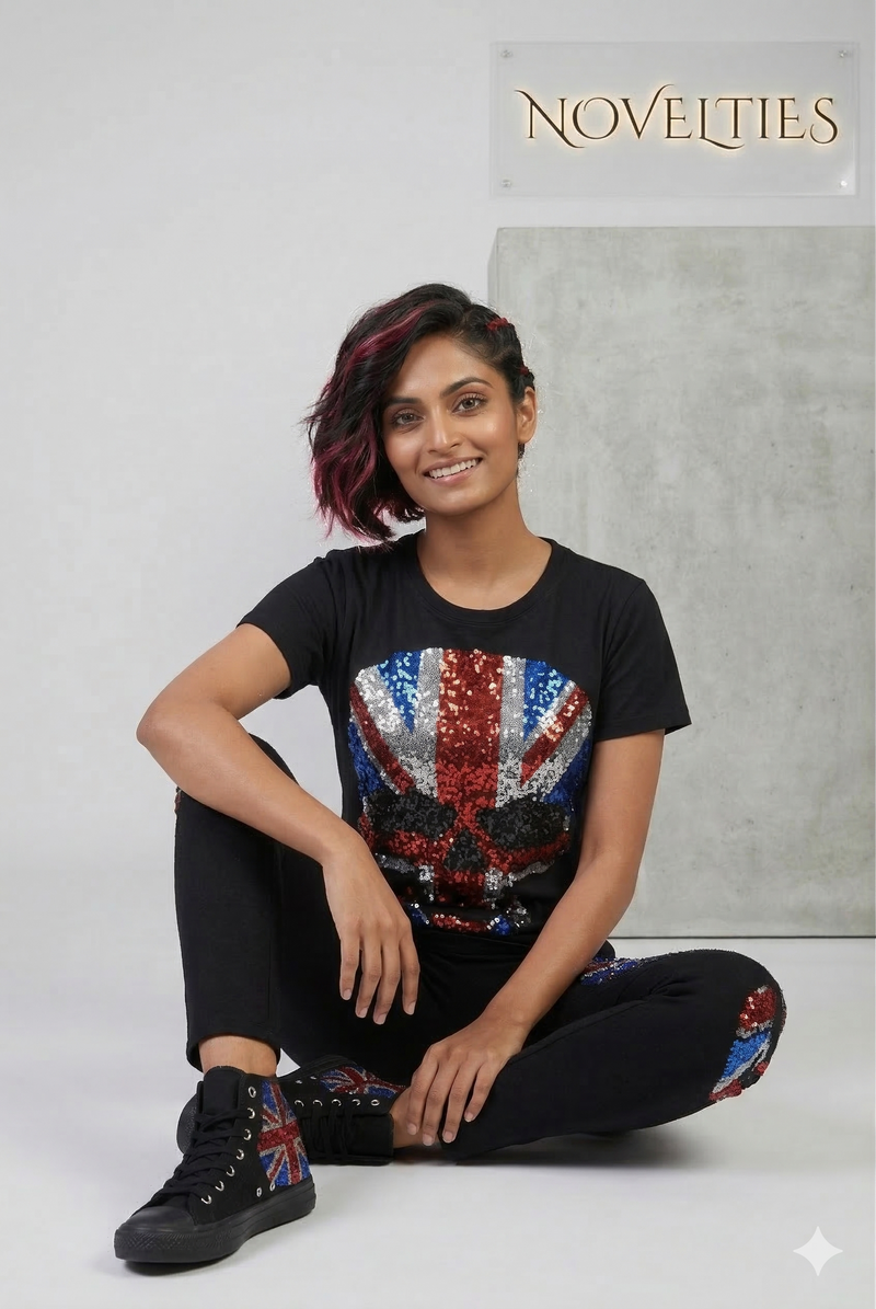 Black Sequin Skull Union Jack Co-ord Set