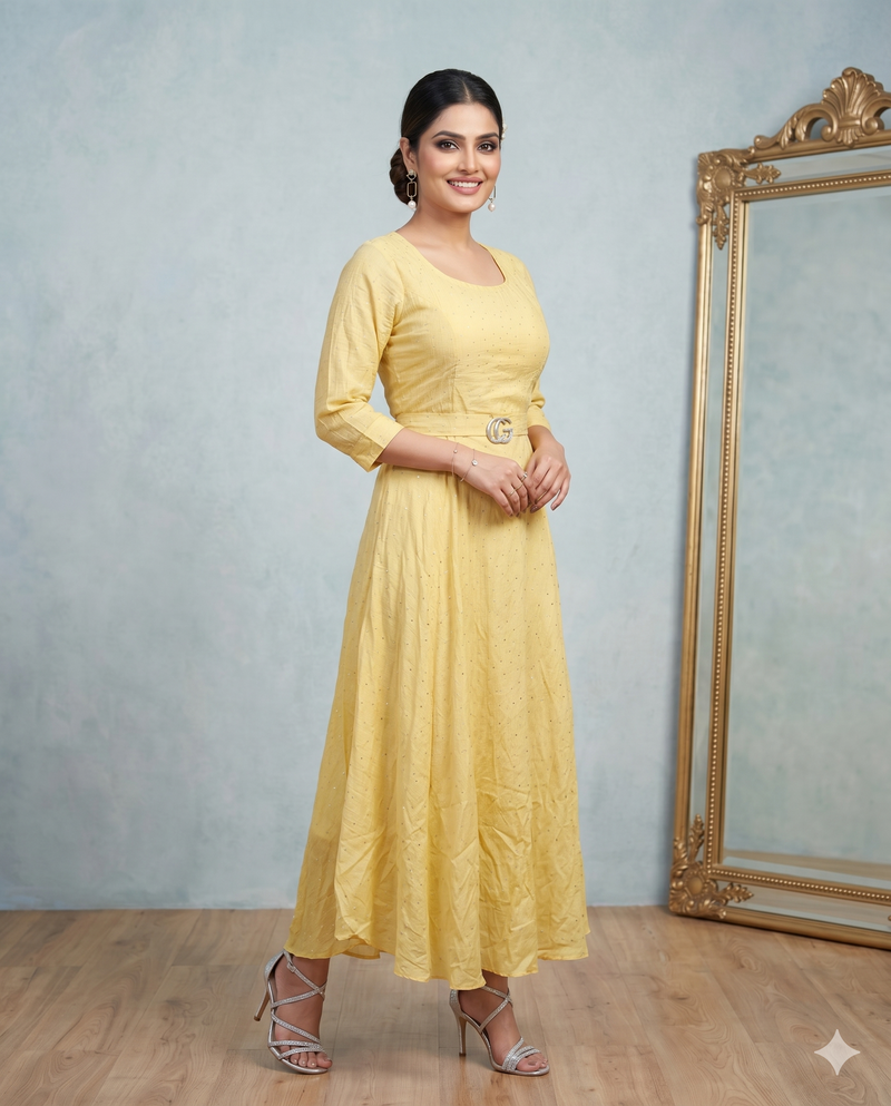 Butter Yellow Sequin Flared Midi Dress with Belt