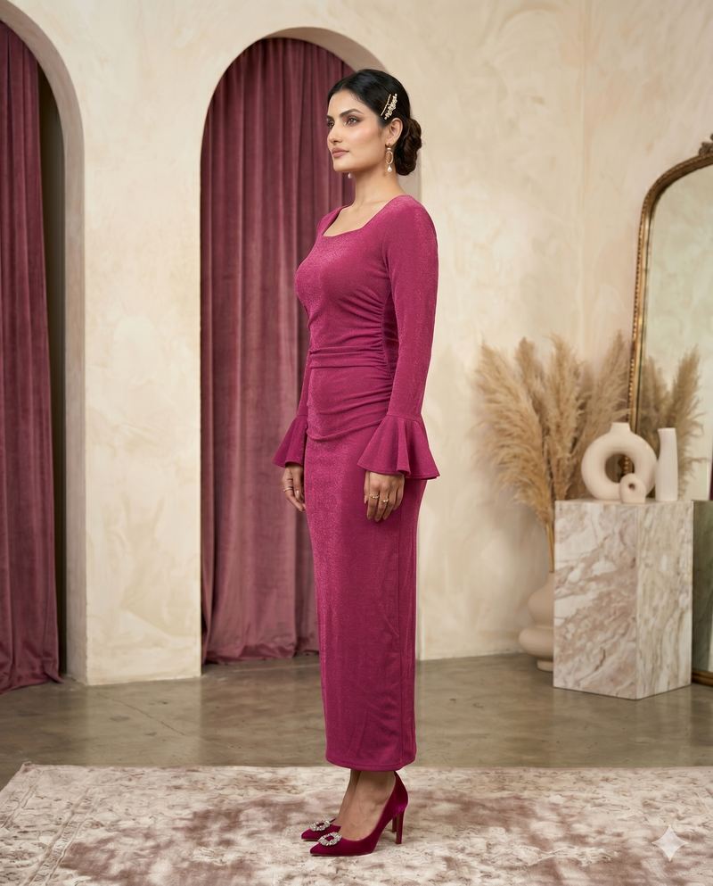 Magenta Bell-Sleeve Bodycon Midi Dress