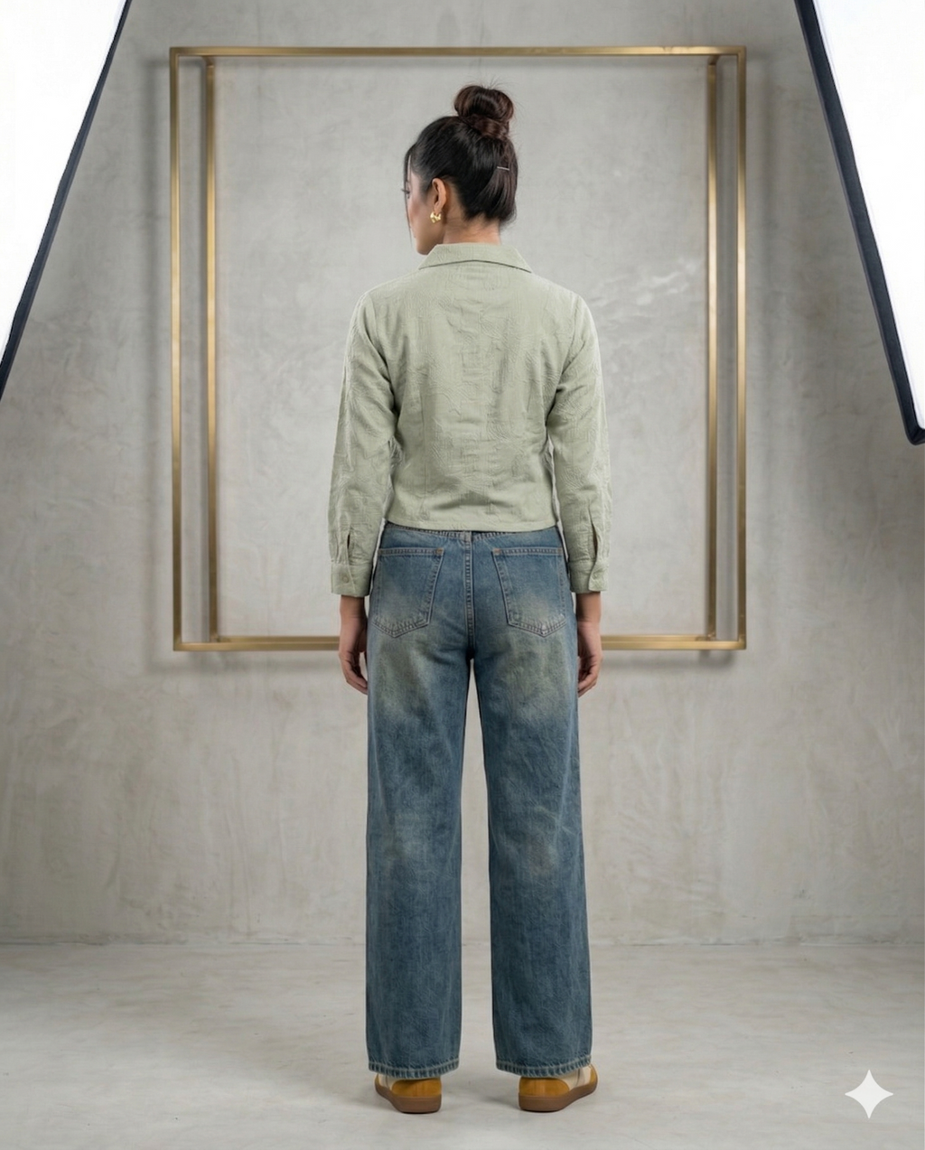 Sage Green Self-Textured Crop Shirt