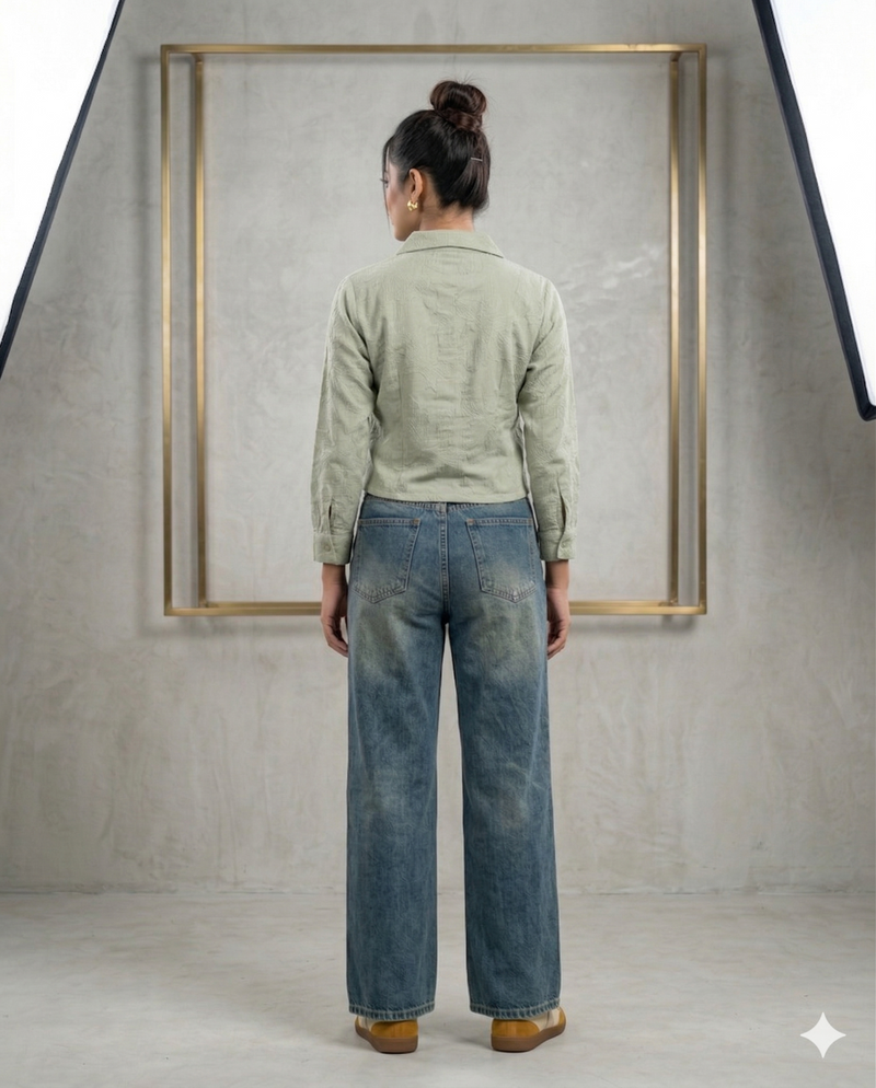 Sage Green Self-Textured Crop Shirt