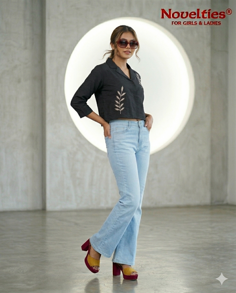 Black Embroidered Botanical Crop Shirt