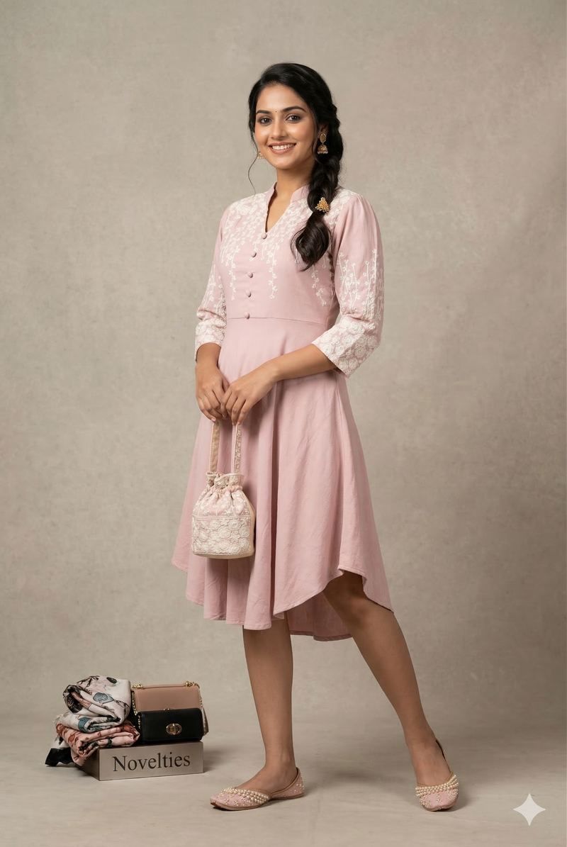 Blush Pink Embroidered Jacket-Style Dress