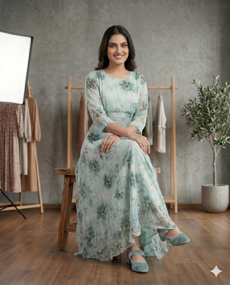 Sage Green Floral Chiffon Flared Maxi Dress with Embellished Belt