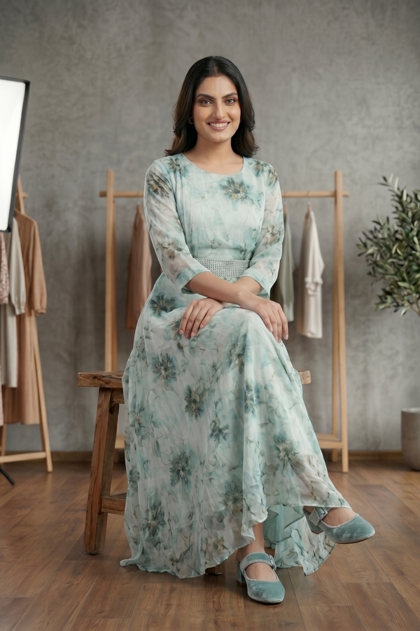 Sage Green Floral Chiffon Flared Maxi Dress with Embellished Belt