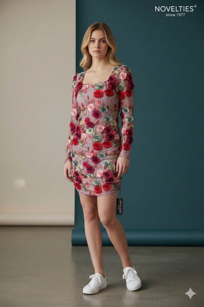 Novelties Pink Rose Print Ruched Mini Dress