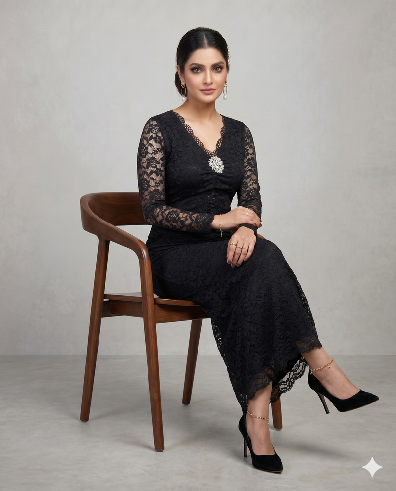 Black Floral Lace Bodycon Midi Dress with Brooch Detail