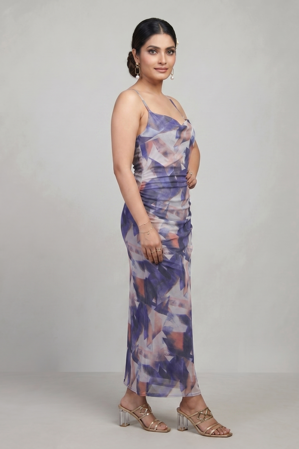 Purple Abstract Print Ruched Mesh Bodycon Midi Dress