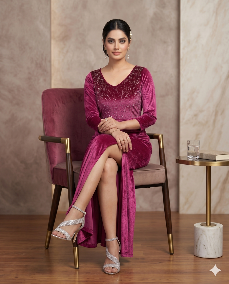 Berry Pink Velvet Embellished Bodycon Gown with Front Slit