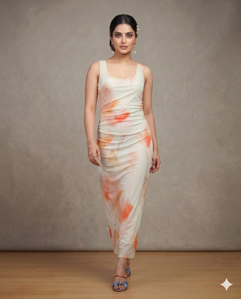 Ivory Floral Watercolour Ruched Midi Dress