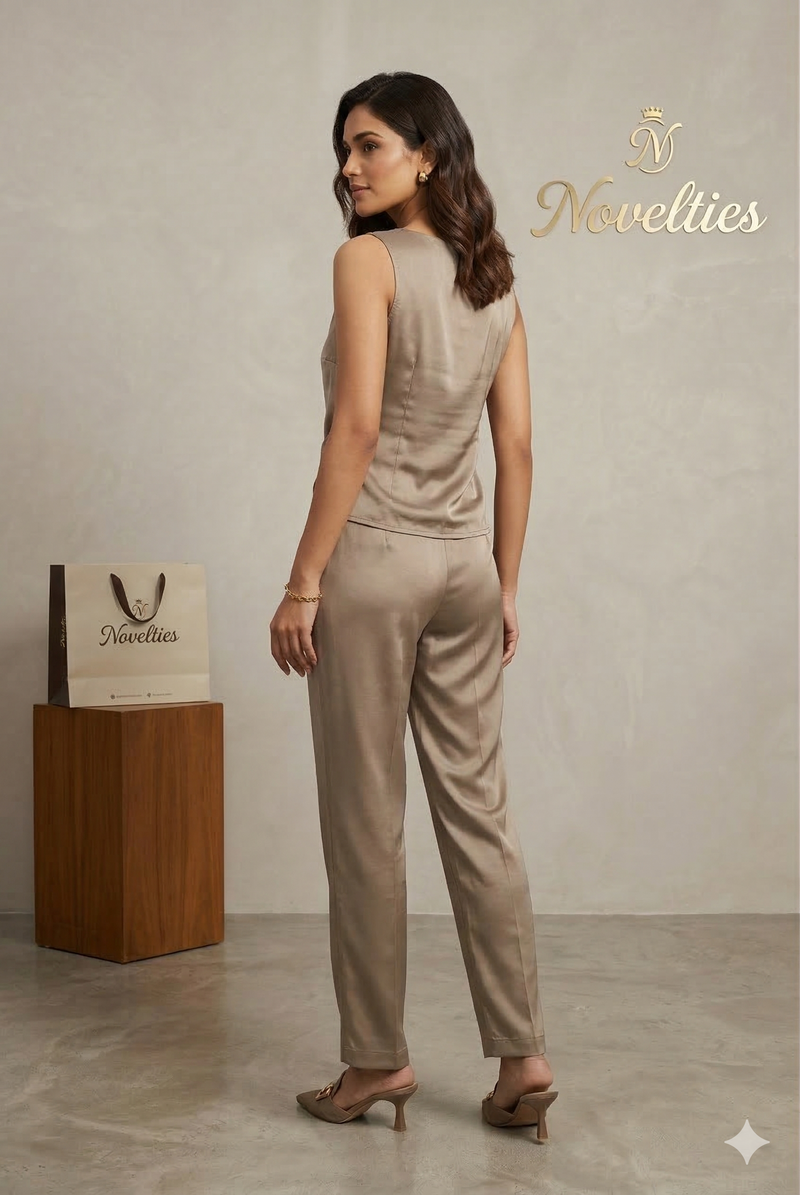 Novelties Champagne Satin Cowl Neck Co-ord Set