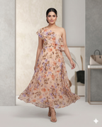 Peach Floral One-Shoulder Maxi Dress
